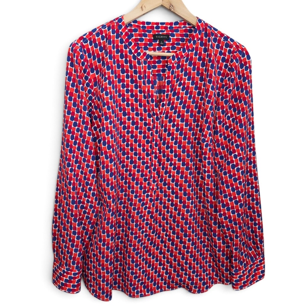 Talbots Blouse Womens Large Red Blue Dot Geometric Long Sleeve Split Neck Top L